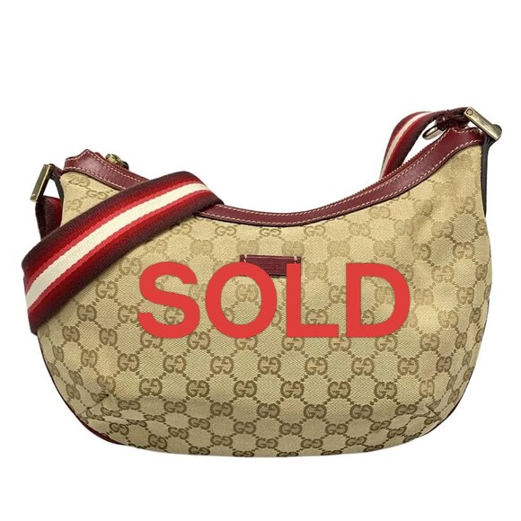 GUCCI GG Beige Red Jacquard Leather Shoulder Bag 539-060325